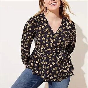 Loft Daisy Babydoll Wrap Peplum Top Tunic Womens Size 18 Blue Floral Peasant